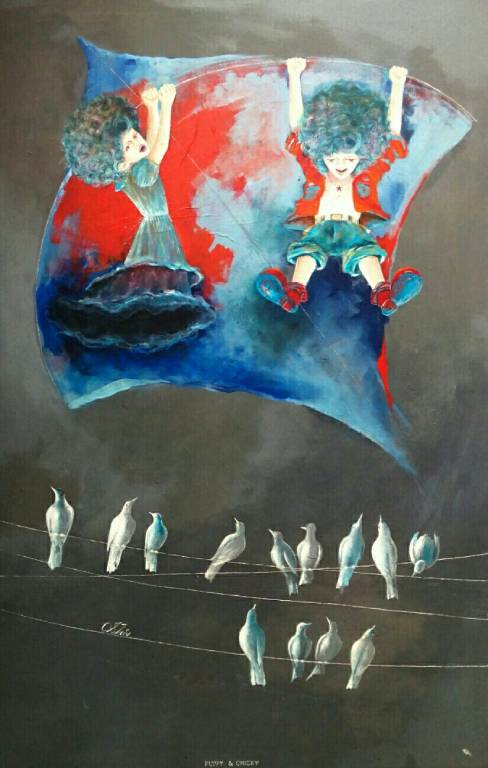 Drifting through the sky, two figures on a kite and a Line of Birds