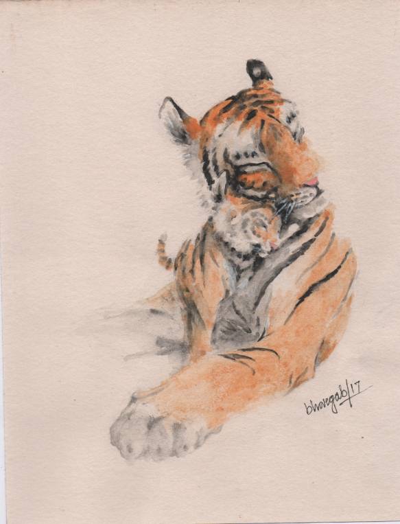 A painting of a resting tiger is available for sale.