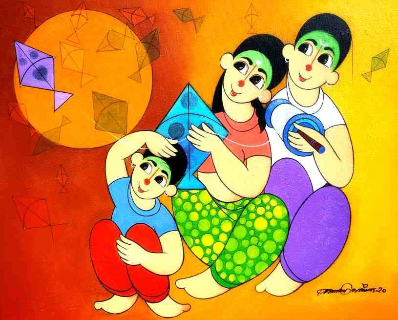 A family flying a kite