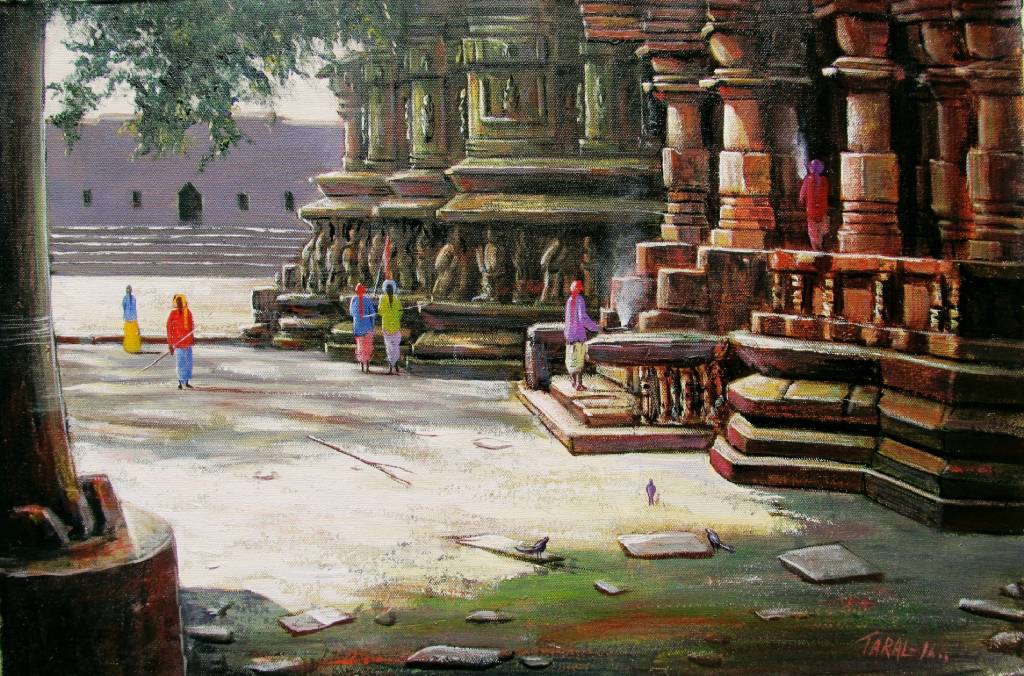 The fine art gallery has the original painting People in The Temple for sale.